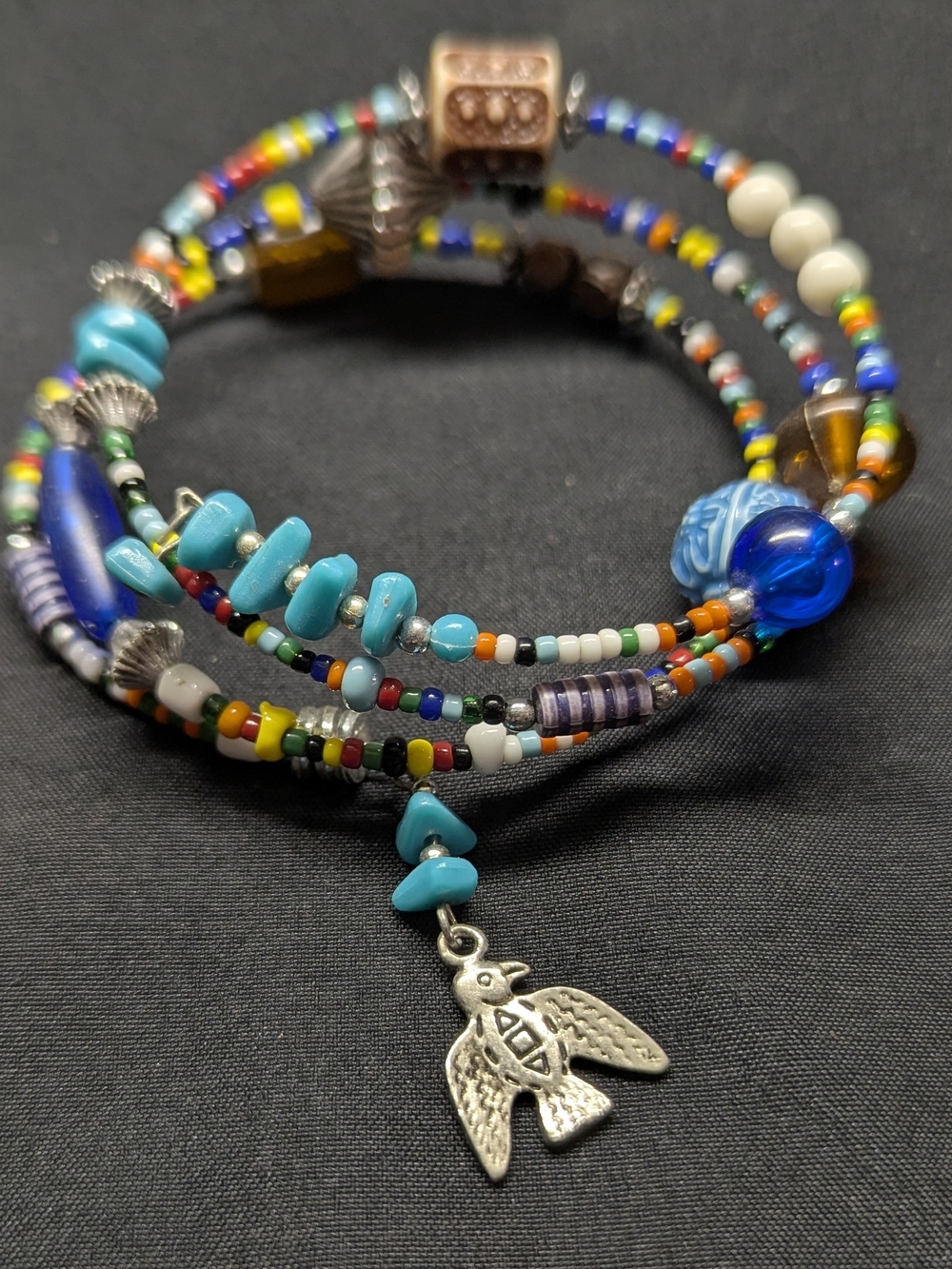 Bohemian Turquoise Multicolor Beaded Wrap Bracelet with Bird Charm